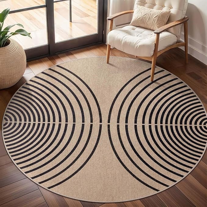 Tangsoo Modern Rainbow Round Rug 4ft Easy Jute Washable Rugs Ultra Thin Black by Tangsoo