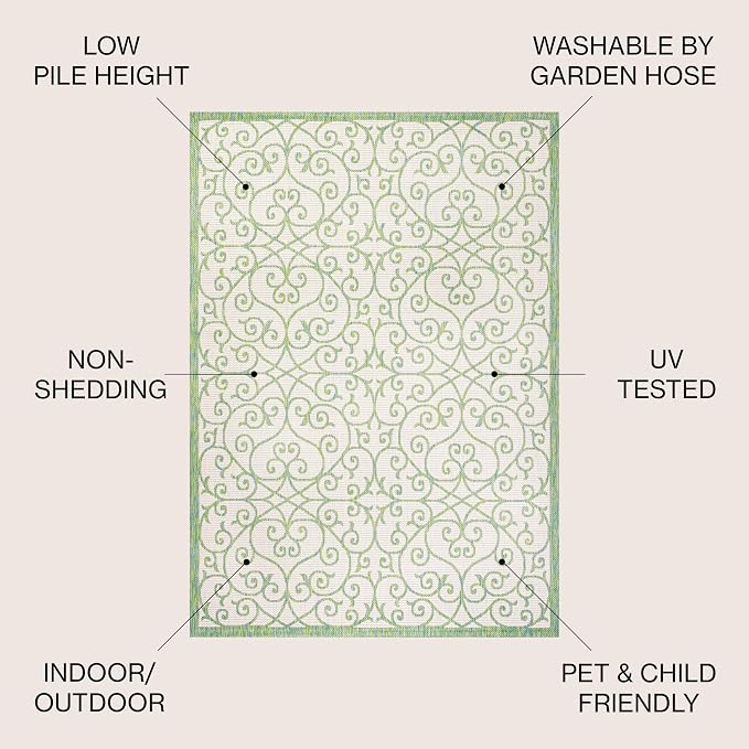 JONATHAN Y Vintage Filigree Indoor Outdoor Area Rug 4X6 Cream/Green, Madrid - Image 3