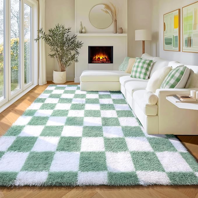 KICMOR Fluffy Sage Green and White Rugs Living Room Carpet, 5x7 Large Fuzzy - Image 5