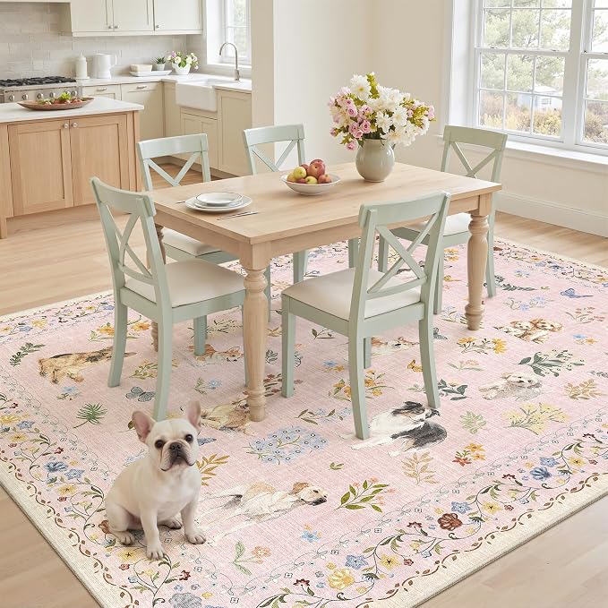Soalmost Dog 5x7 Area Rugs for Living Room, Machine Washable Animal Floral - Image 4