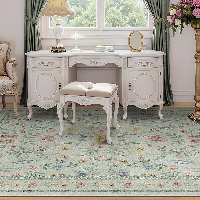Green Floral Washable Area Rug 8x10 – Large Vintage Boho Non-Slip Carpet - Image 3