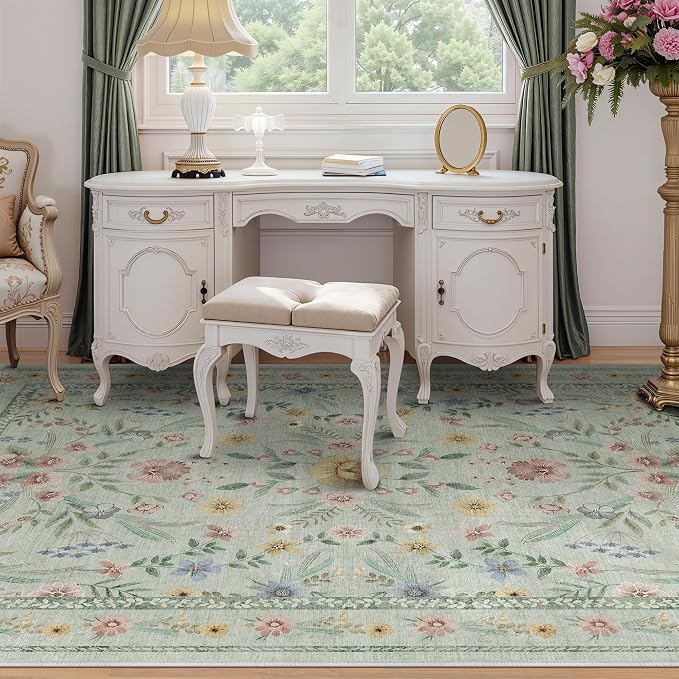 Green Floral Rug for Girls, 6x9 Washable Botanical Bedroom Rug for Nursery - Image 3