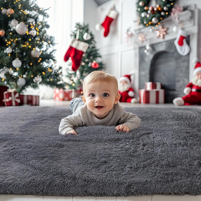 KICHOWUA Area Rug 5x7 Grey Fluffy Shag - Image 2