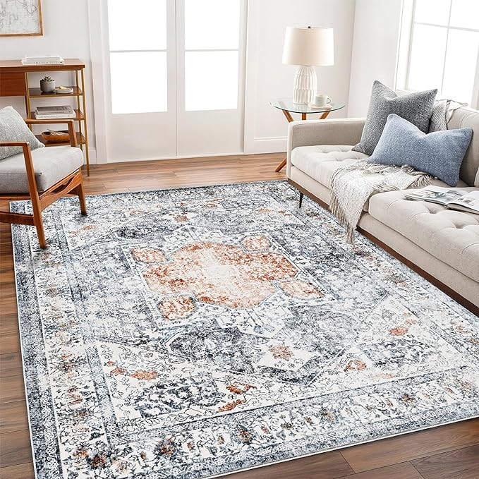 CHAMPLANT Area Rug 8x10 Washable Rug Orange Gray Vintage Traditional Mat by CHAMPLANT