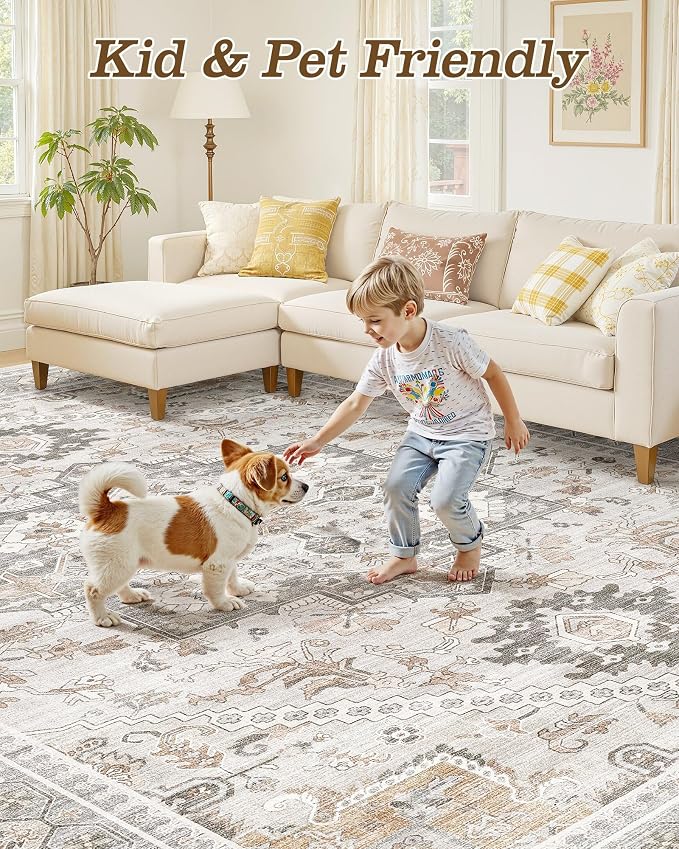 6ft Round Area Rug: Washable Vintage Neutral Soft Non Slip Thin Large Floor - Image 7