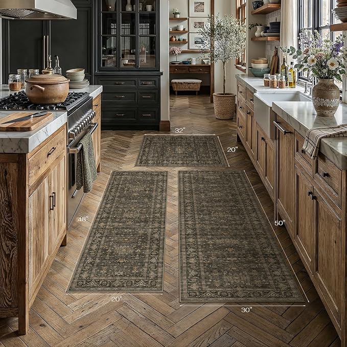 Kitchen Rug Set of 3 Washable Brown Vintage Kitchen Mats - Image 5