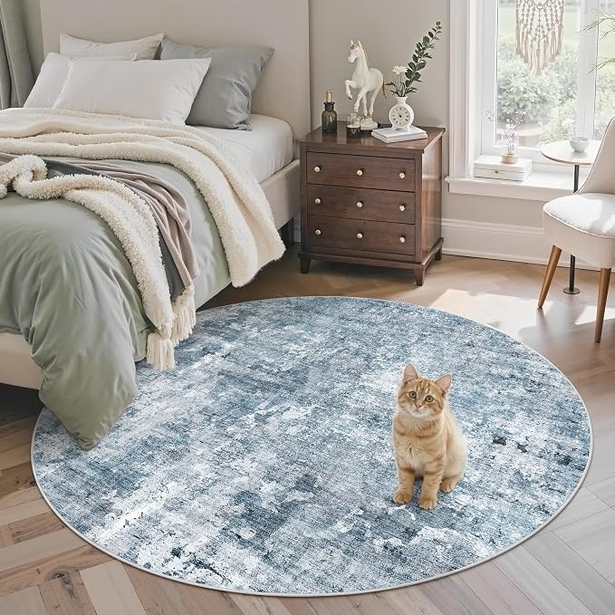 Soalmost 6x6 Blue/Grey Round Rug 6ft Living Room Circle Rug Vintage Round Area - Image 2