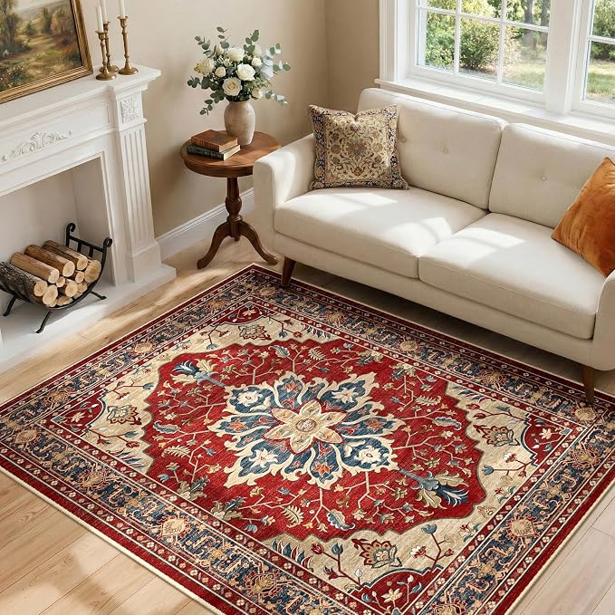 RELEANY Area Rugs 4'x6' Washable Non-Slip, Floral Vintage Distress Medallion by RELEANY