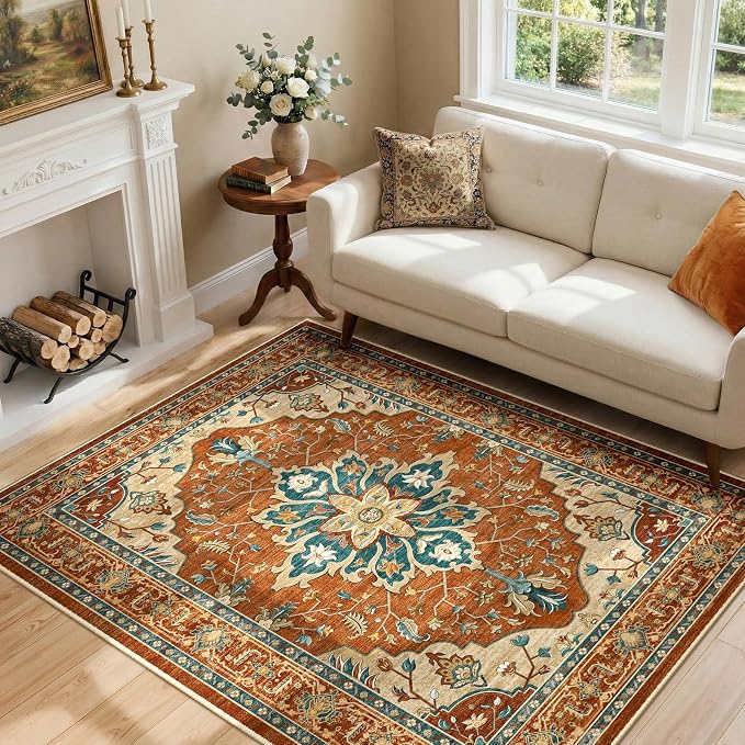 RELEANY Area Rugs 4'x6' Washable Non-Slip, Floral Vintage Distress Medallion by RELEANY