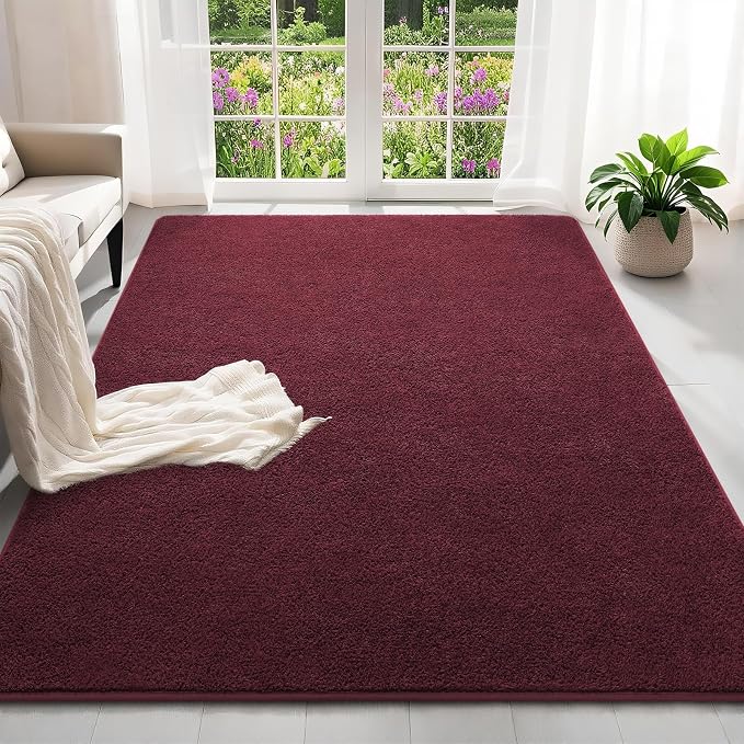 5x7 Feet Red Area Rugs for Bedroom, Indoor Washable Memory Foam Burgundy Rug - Image 2