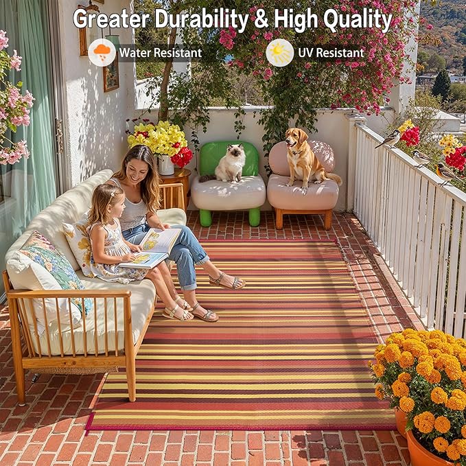 Outdoor Plastic Straw Rug Waterproof Patio 5x8 Red Orange Stripe Mat - Image 5