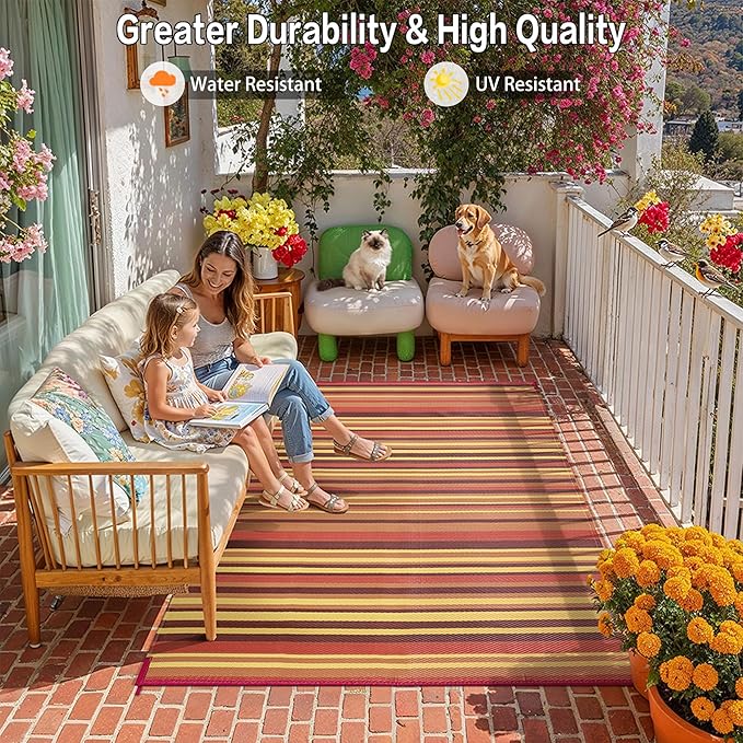 Outdoor Plastic Straw Rug Waterproof Patio 4x6 Red Orange Stripe Mat - Image 5