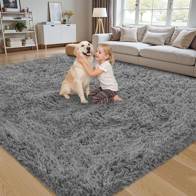 5x8 Area Rug for Living Room:Ultra Soft Fluffy Shag Light Grey Rugs, Large - Image 5