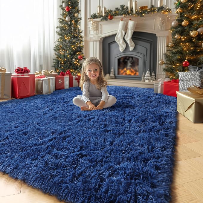 Amdrebio Navy Blue Area Rugs for Boys Bedroom, Fluffy Shag Furry Bedside Rug - Image 4