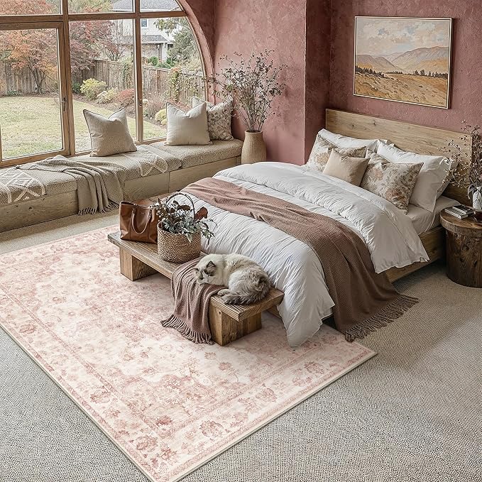 5x7 Washable Neutral Area Rug Pink Vintage Living Room Bedroom Carpet Non-Slip - Image 3
