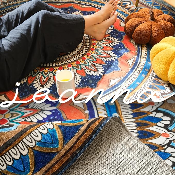 jinchan Mandala Round Rug 6ft Blue Rustic Boho Washable Rug Tribal 6' Round - Image 6