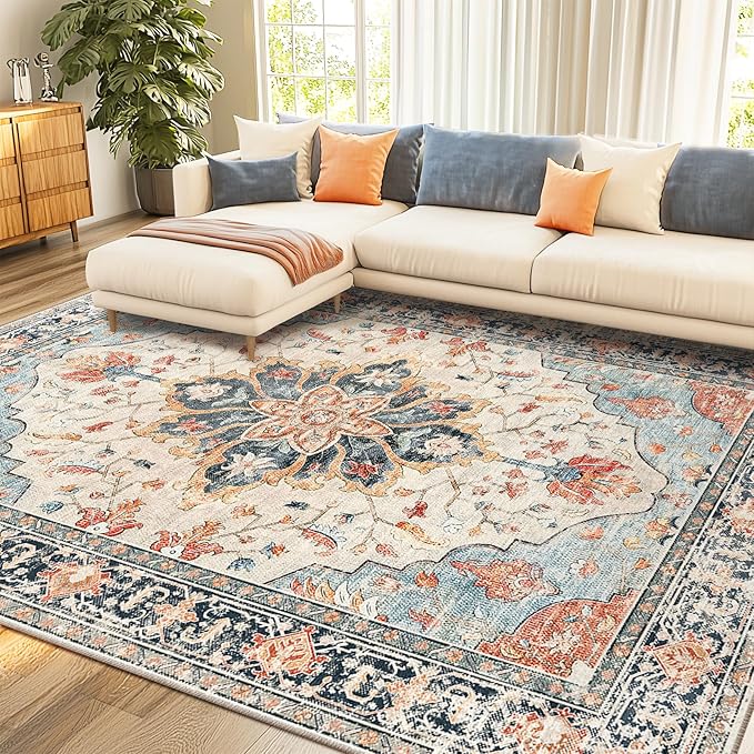 RELEANY Area Rugs 8'x10' Washable Non-Slip, Floral Vintage Distress Medallion by RELEANY