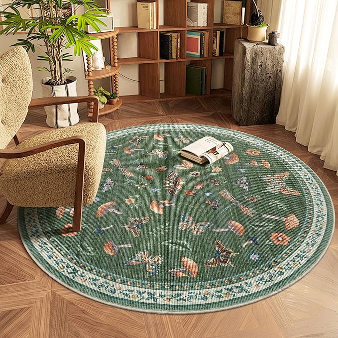 Mushroom Insect 5ft Round Rug Washable Non-Slip Soft Ultra-Thin Small Boho by ROYHOME