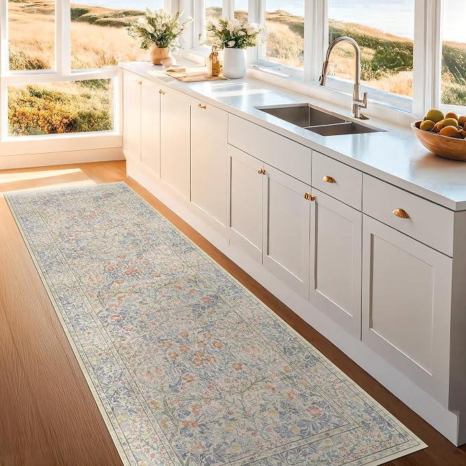 Beige Blue Washable 2x8 Runner Rug - Image 6