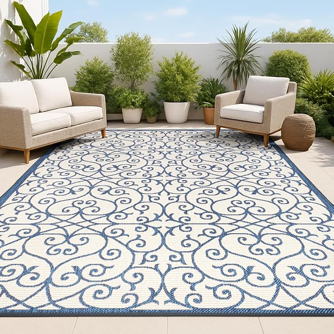 JONATHAN Y Vintage Filigree Indoor Outdoor Area Rug 8X10 Navy/Beige, Madrid by JONATHANY
