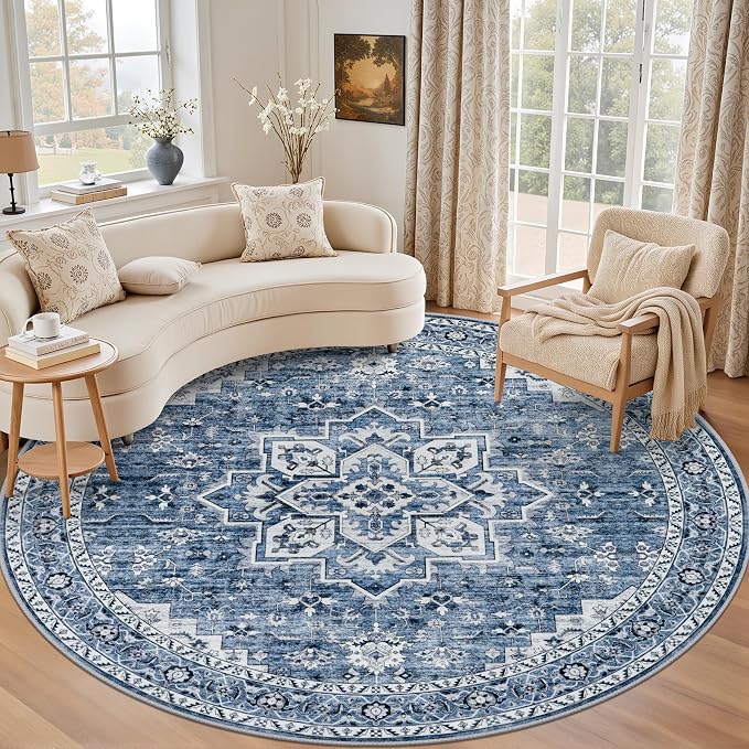 Round Area Rug for Living Room: 4 ft Washable Vintage Boho Soft Thin Circle Rug by EXPEDIX