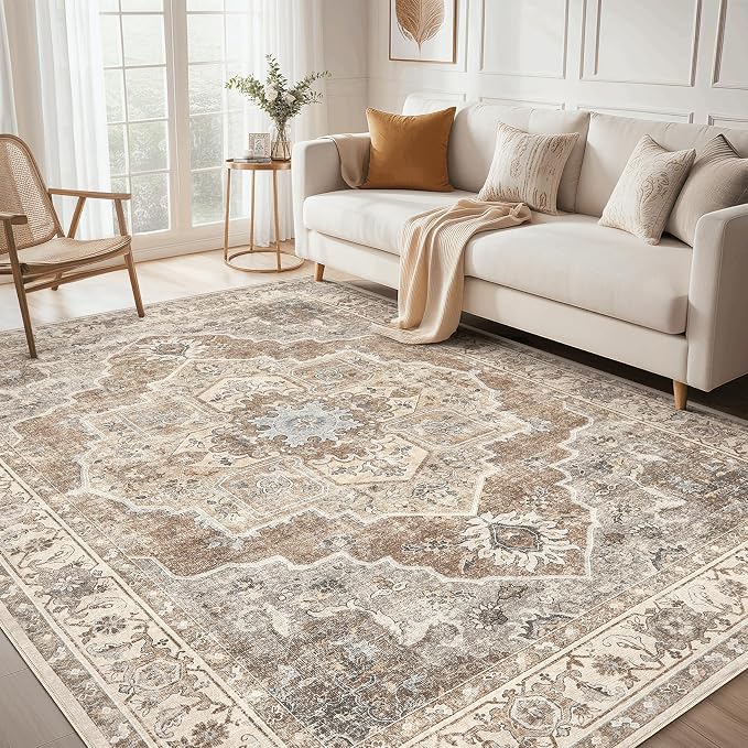 10x14 Washable Area Rug: Vintage Neutral Soft Non Slip Thin Large Floor Carpet by MICGEEK