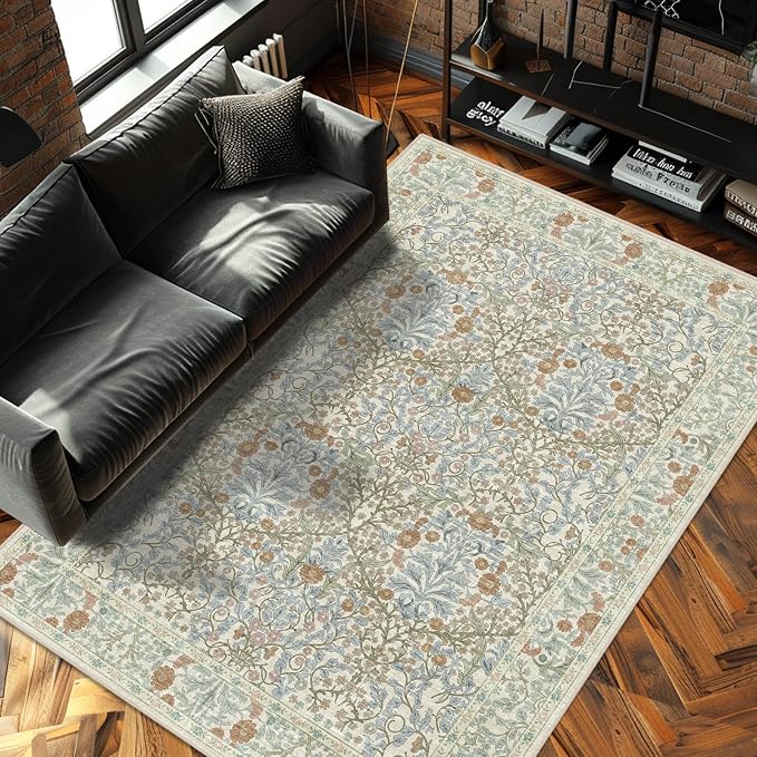Vintage Beige Blue Living Room Rug, 5x7 Washable Area Rugs by Unknown