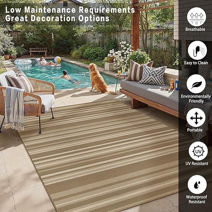 4x6 Easy Jute Stripe Area Rug Washable Beige Brown Indoor Outdoor Rug Non Slip - Image 4