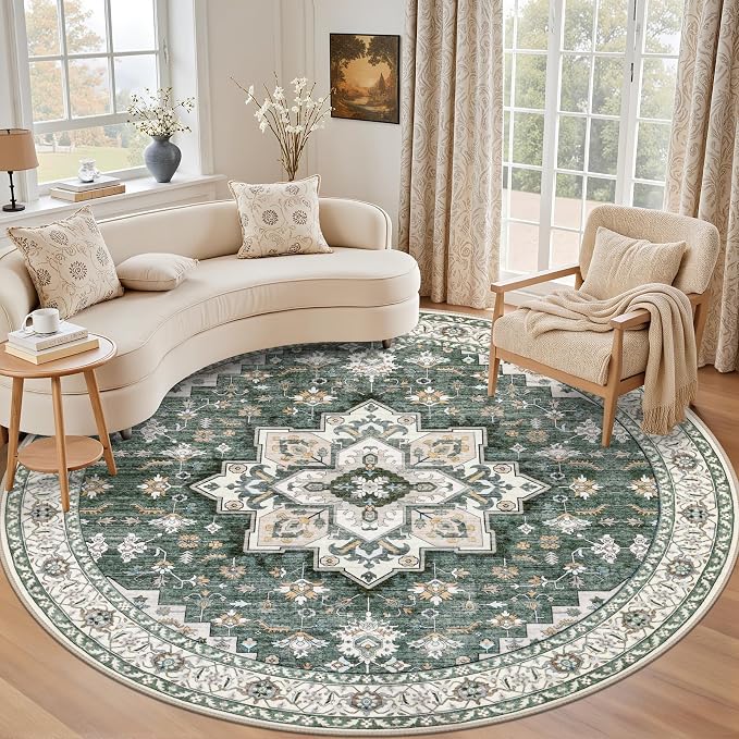 Round Area Rug for Living Room: 4 ft Washable Vintage Boho Soft Thin Circle Rug by EXPEDIX