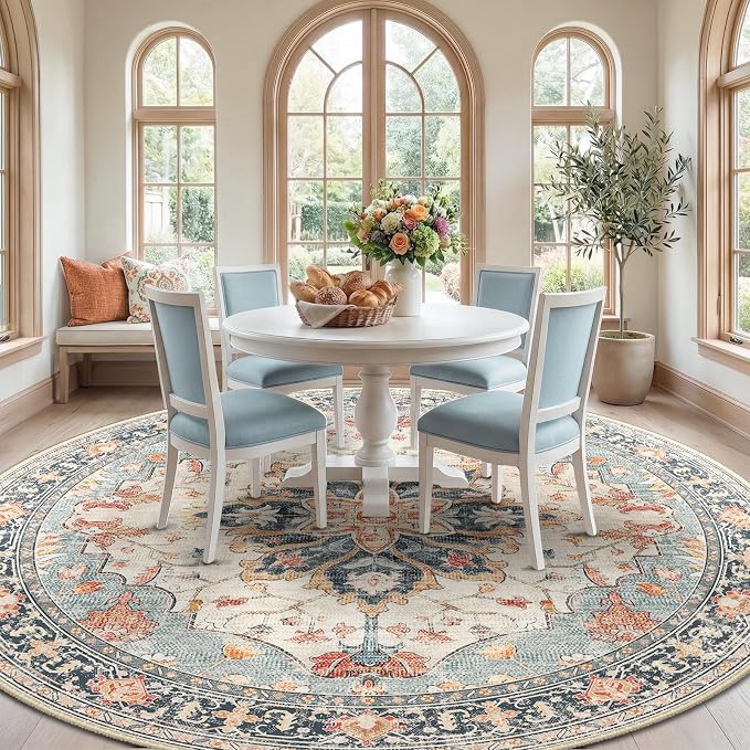 RELEANY Area Rugs Round 10ft Washable Non-Slip, Floral Vintage Distress - Image 3