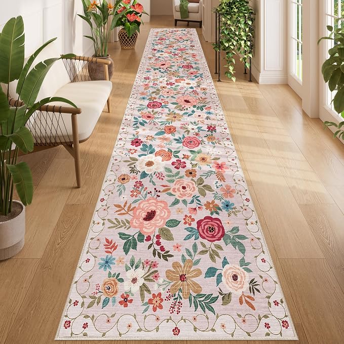 DUKINO 2.6x14 Kitchen Runner Rug, Lightweight Floral Washable Rug by DUKINO