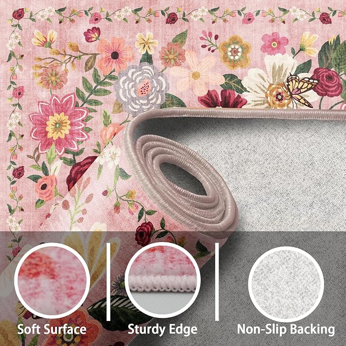 Pink Area Rugs 10x14 for Living Room, Non Slip Machine Washable Floral Rugs - Image 5