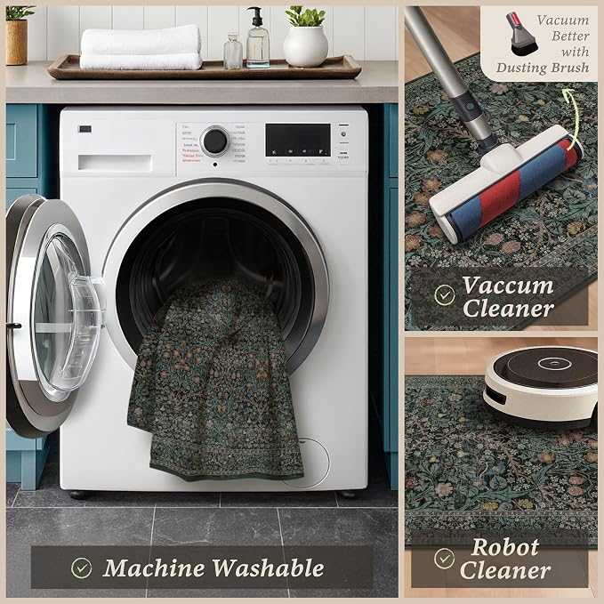 Black Green Kitchen Rug Set of 3, Washable Non-Slip Mats - Image 4