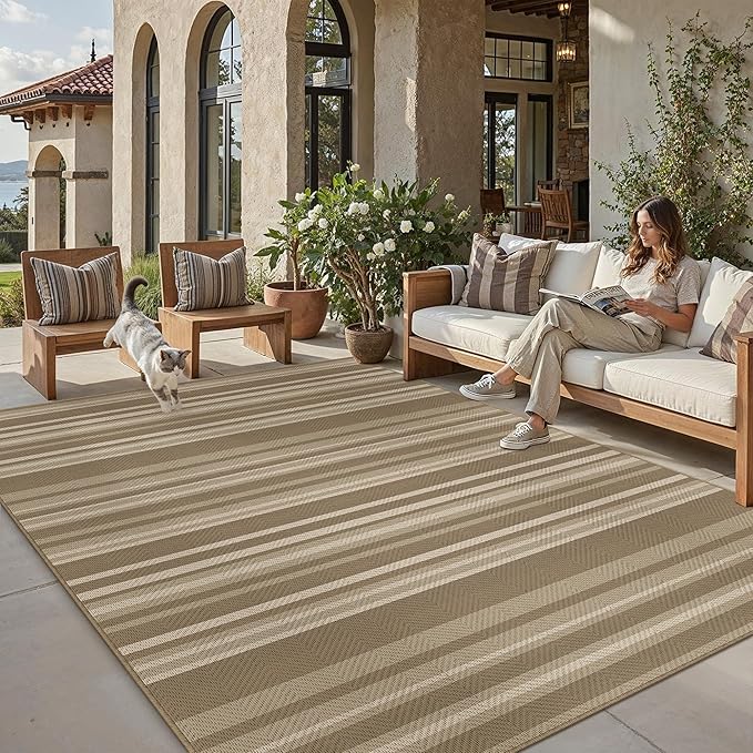 6x9 Easy Jute Stripe Area Rug Washable Beige Brown Indoor Outdoor Rug Non Slip by WondRg