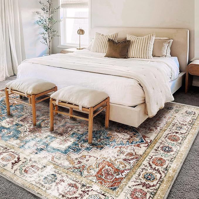 CHAMPLANT Washable Area Rug 10'x14' Beige Blue Boho Chic Medallion Distressed - Image 3