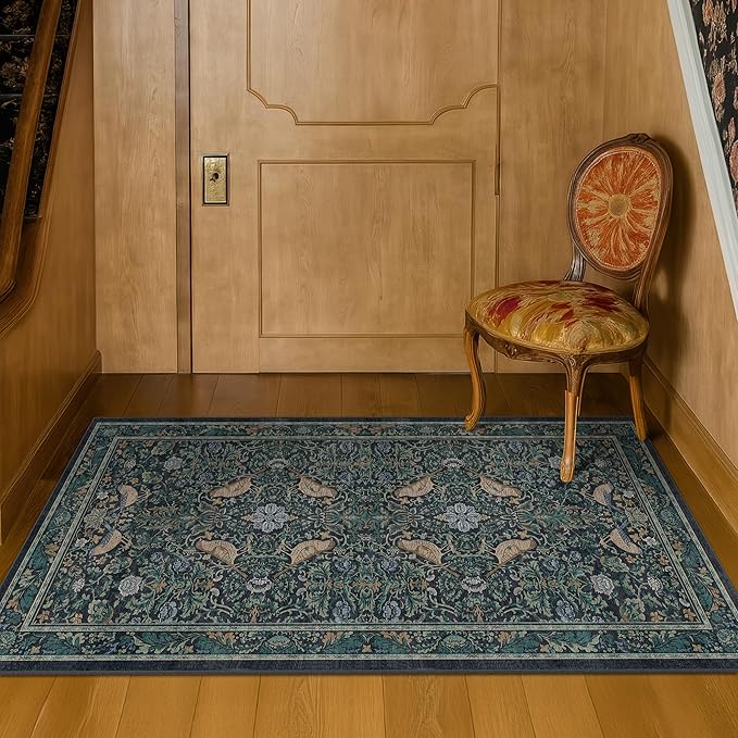 Traditional Washable Entryway Rugs, 3x4 Blue and Green Floral Kitchen Mat by HazoHaus