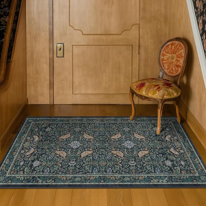 Washable Floral Small 2x3 Dark Blue Entryway Rugs Indoor, Botanical Bird - Image 8
