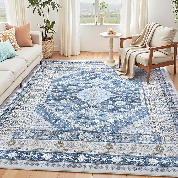 5x7 Blue Area Rugs, Washable Living Room Rug, Vintage Boho Carpet, Non Slip & by Carpelux