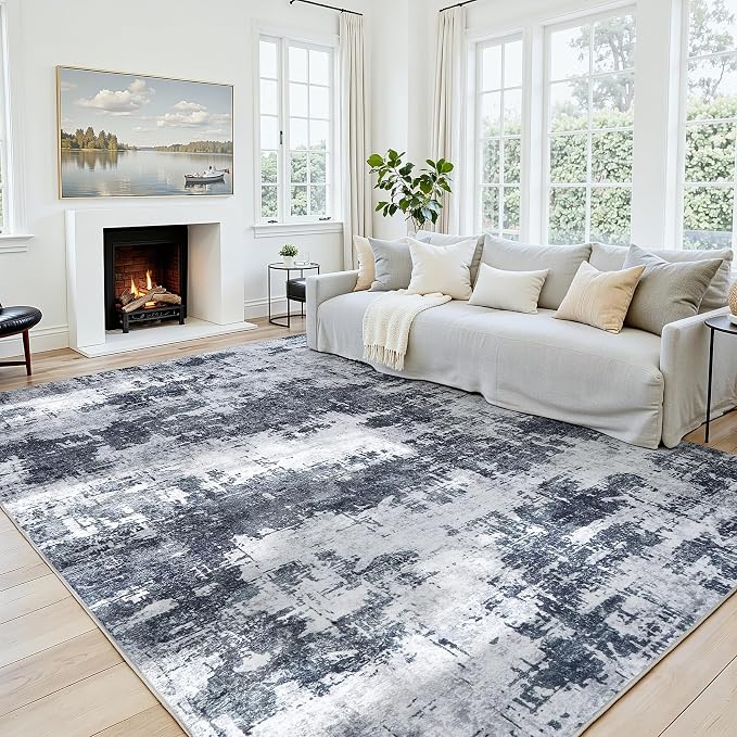 8x10 Area Rugs for Living Room Washable: Abstract Soft Thin Low Pile Black Rug - Image 8