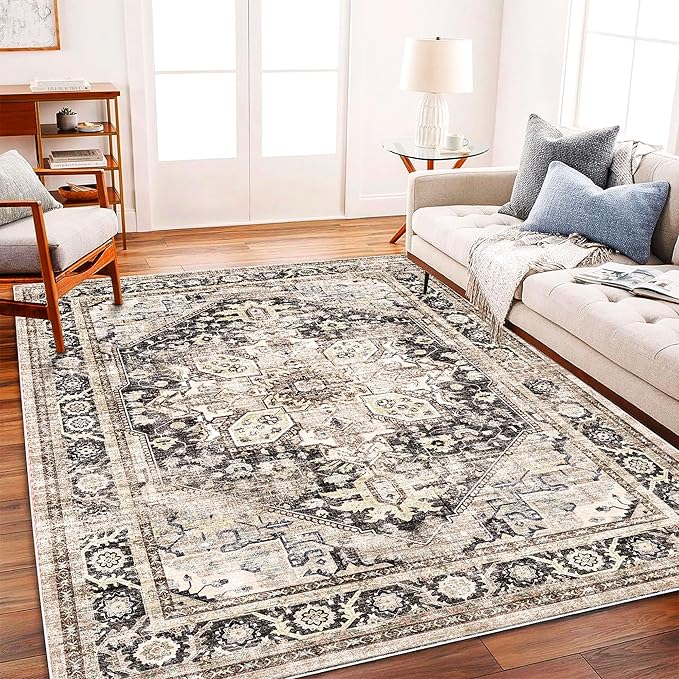 CHAMPLANT Area Rug 6'x9' Black-Purple Khaki Washable Vintage Traditional Floor by CHAMPLANT