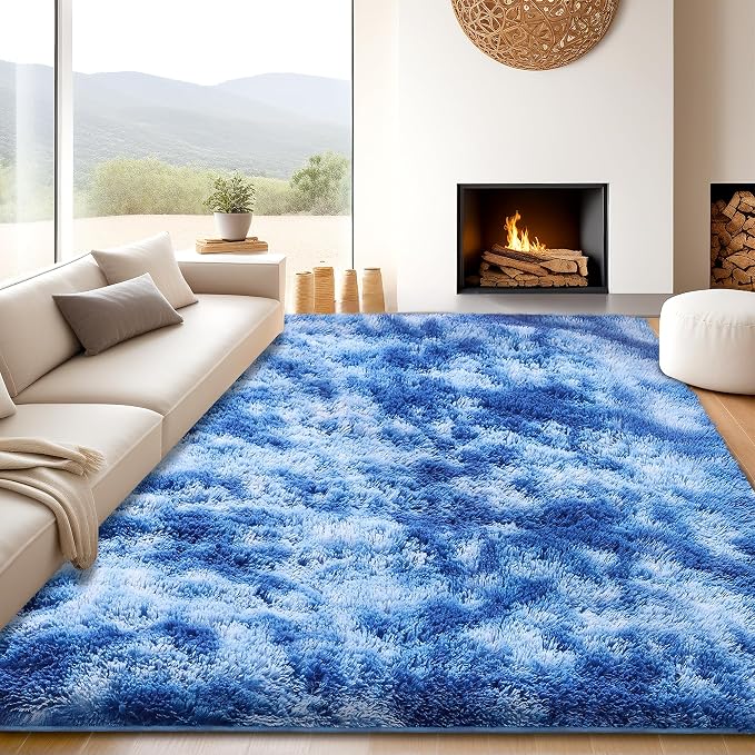 8x10 Shag Area Rugs for Living Room, Tie-Dyed Blue Large Fluffy Shaggy Rug for - Image 2