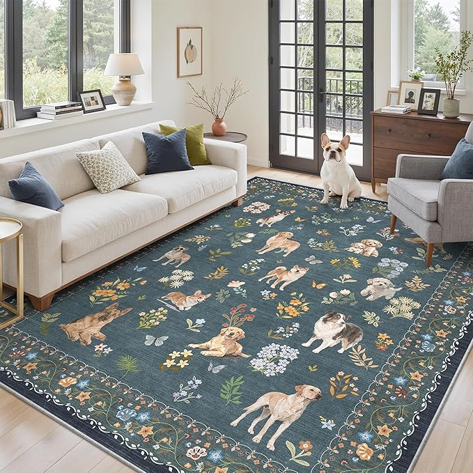 Soalmost Dog 5x7 Area Rugs for Living Room, Machine Washable Animal Floral by Soalmost