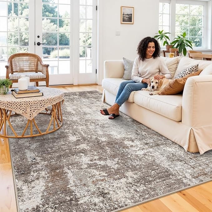 7x9 Modern Living Room Rug – Washable Neutral Abstract Area Rug - Image 3