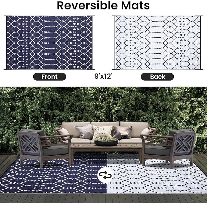 Smiry Outdoor Rug 9x12 ft, Waterproof Reversible Plastic Straw Rugs, Boho - Image 3