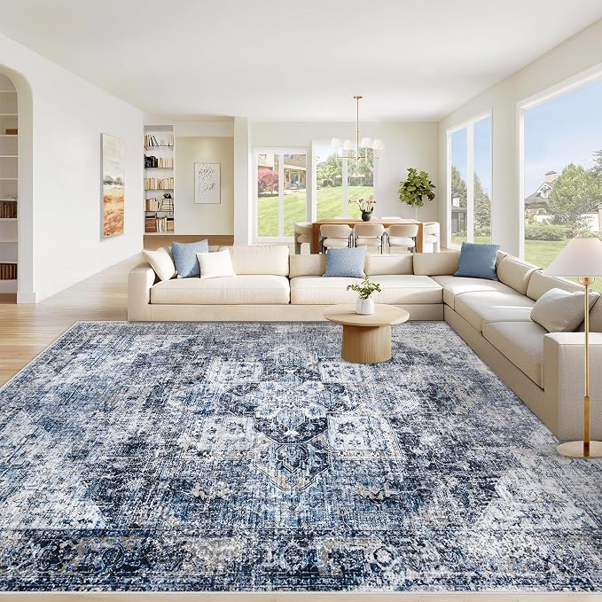 Area Rug 9x12 Washable Rug, Vintage Boho Medallion Rugs Non-Slip Soft Low Pile by VECARF