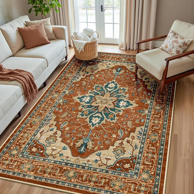 RELEANY Area Rugs 5'x8' Washable Non-Slip, Floral Vintage Distress Medallion by RELEANY