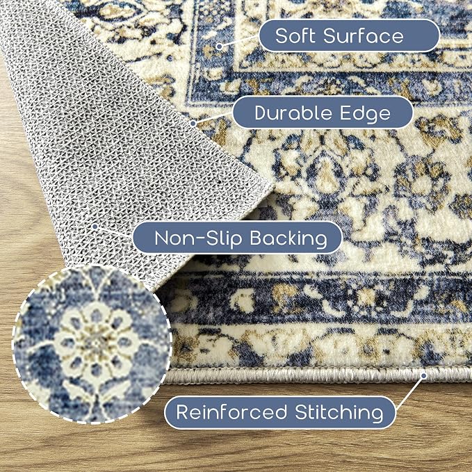 Machine Washable Area Rugs 4x6 Blue Low Pile Soft Carpet - Image 3