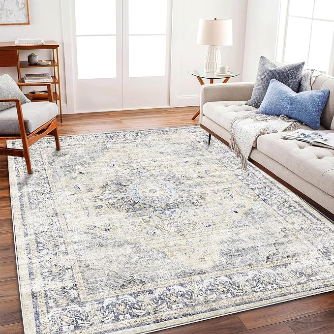 CHAMPLANT Area Rug 5'x7' Washable Rug Floral Blue Vintage Traditional Floor by CHAMPLANT