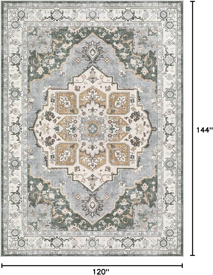 10x12 Washable Area Rug: Vintage Neutral Soft Non Slip Thin Large Floor Carpet - Image 2