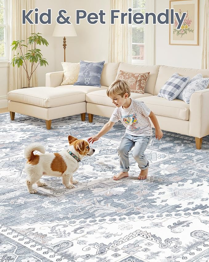 5x7 Vintage Area Rug: Washable Neutral Soft Non Slip Thin Large Floor Carpet - Image 6